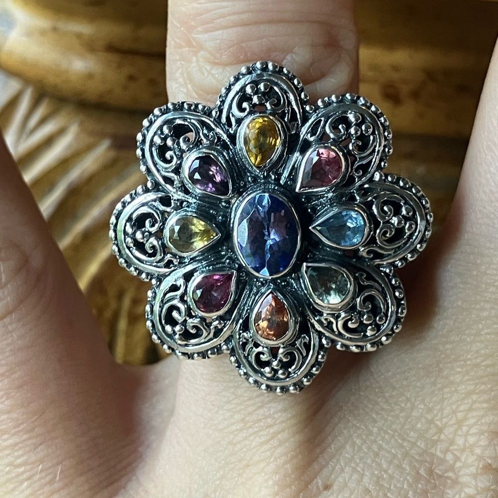 Natural Tanzanite Sapphire Sterling Silver Cocktail Ring Size 7